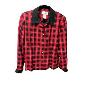 Henry Lee Womens Button Front Shirt Red Black Plaid Cuff Sleeve Stretch Sz 12